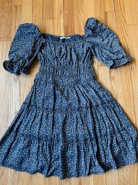 MiAmi Smocked Puff Sleeve Polka Dot Dress - Blue Grey size medium